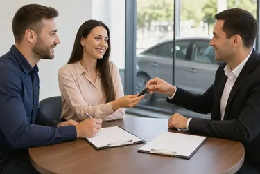 Despachante ajudando um cliente na transferência de um carro.