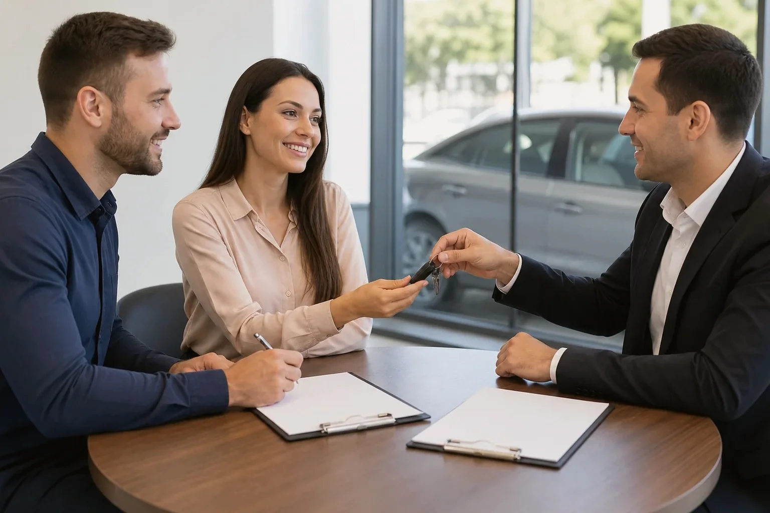 Despachante ajudando um cliente na transferência de um carro.