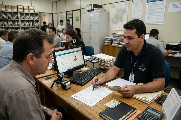 Despachante auxiliando cliente na renovação da CNH.
