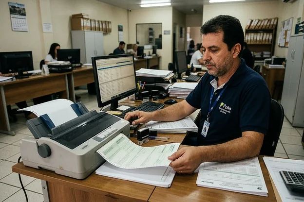 Despachante imprimindo um CRLV-e em um computador e revisando documentos.