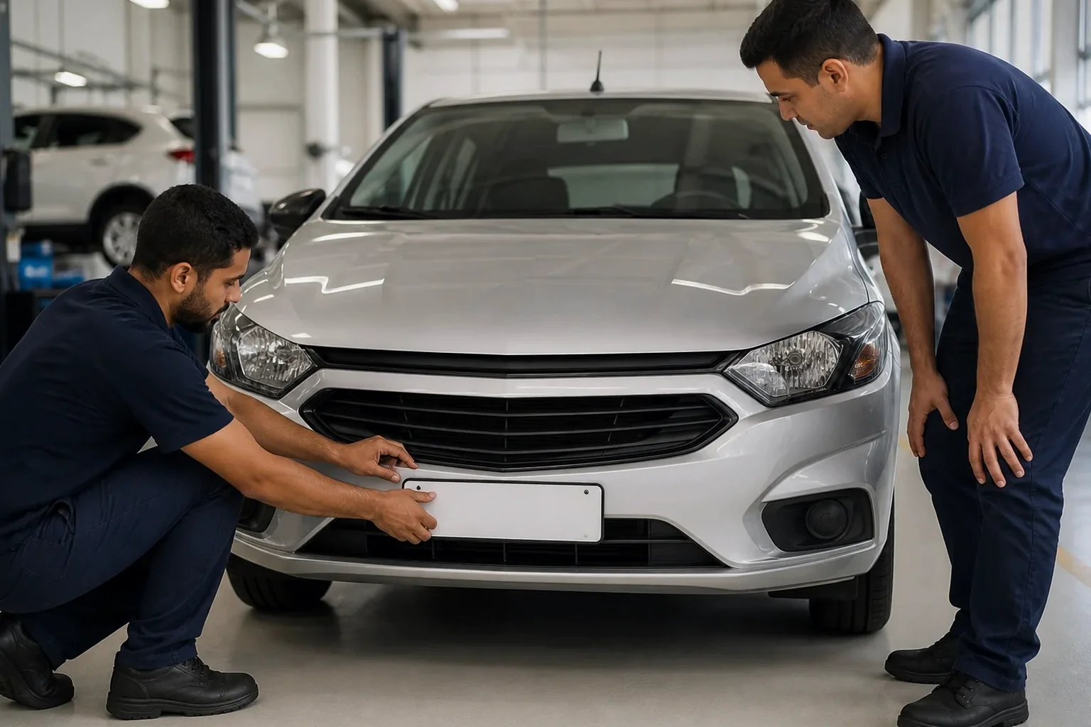 Despachante organizando documentos para o emplacamento de um carro novo.