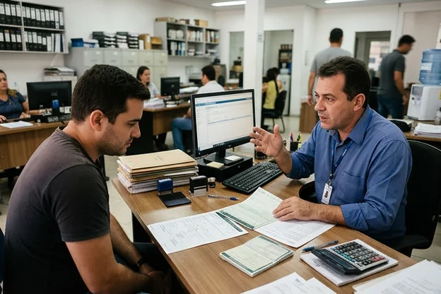 Despachante orientando cliente sobre transferência de veículo.