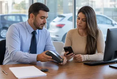 Despachante realizando pagamento de débitos de um veículo em um escritório.